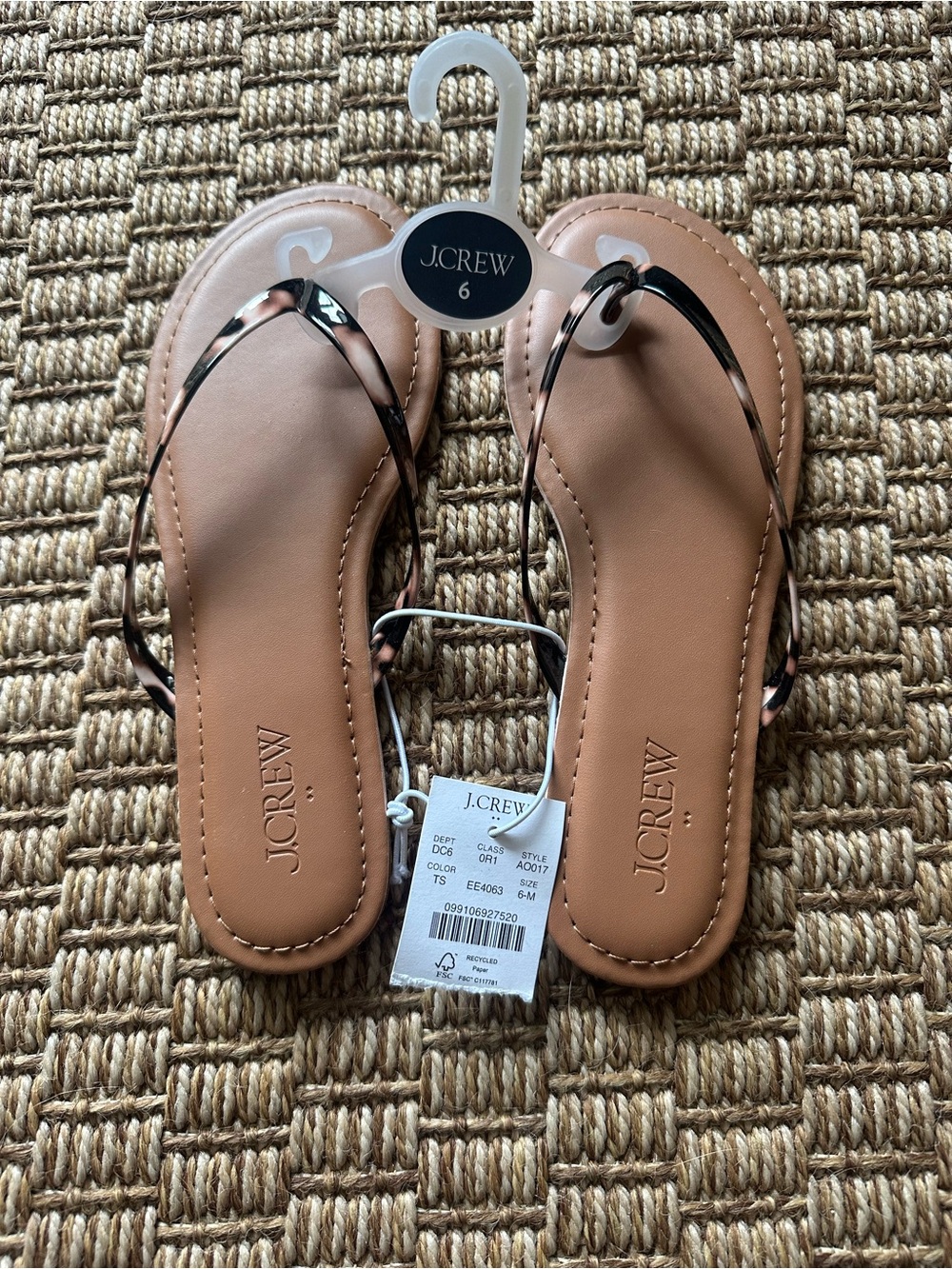 J. Crew Tan Leather Flip Flop Sandals with Tortoiseshell Straps